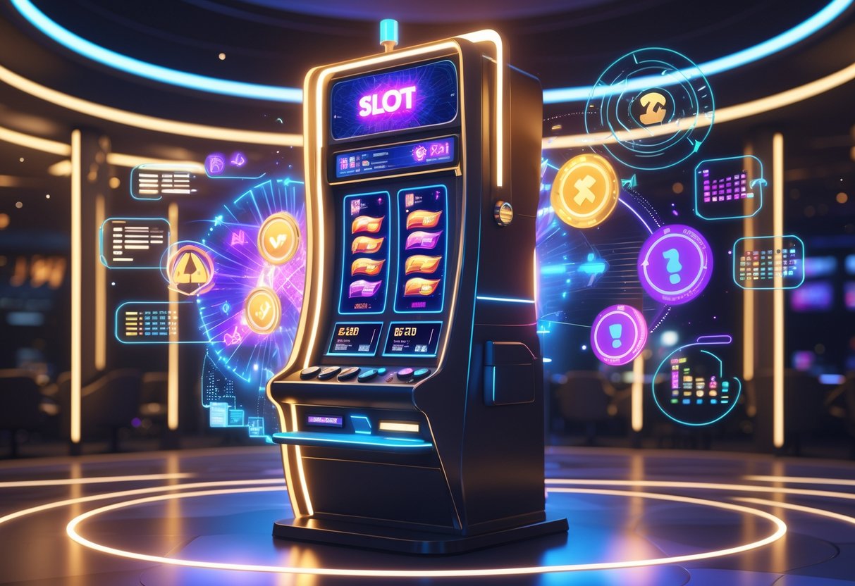 Ilustrasi mesin slot modern dengan elemen holografik dan latar belakang futuristik yang menunjukkan suasana kasino tahun 2025.
