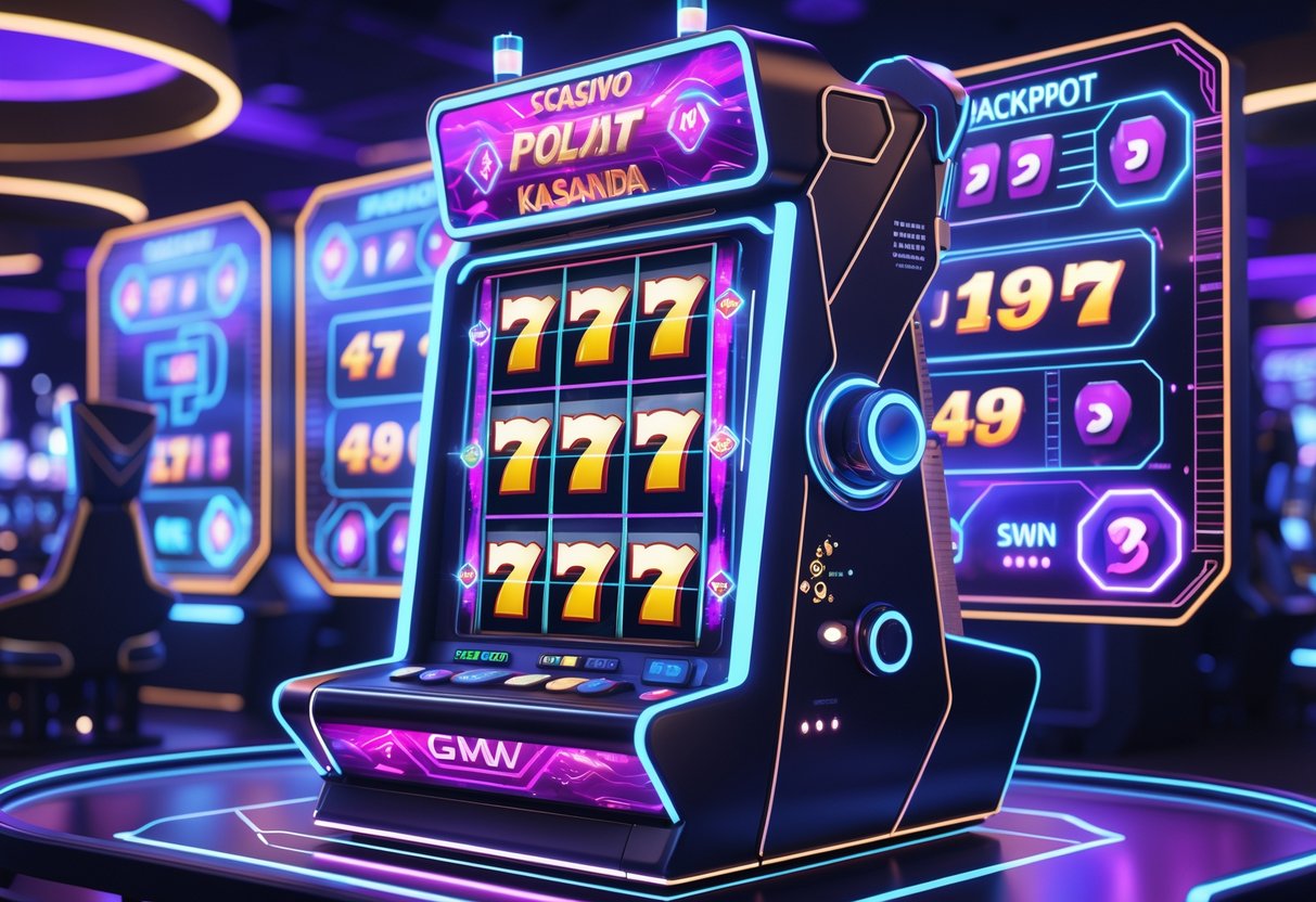 Sebuah mesin slot futuristik dengan pola digital yang bersinar dan tampilan holografik di latar belakang, menggambarkan suasana kasino modern yang penuh warna dan energi.