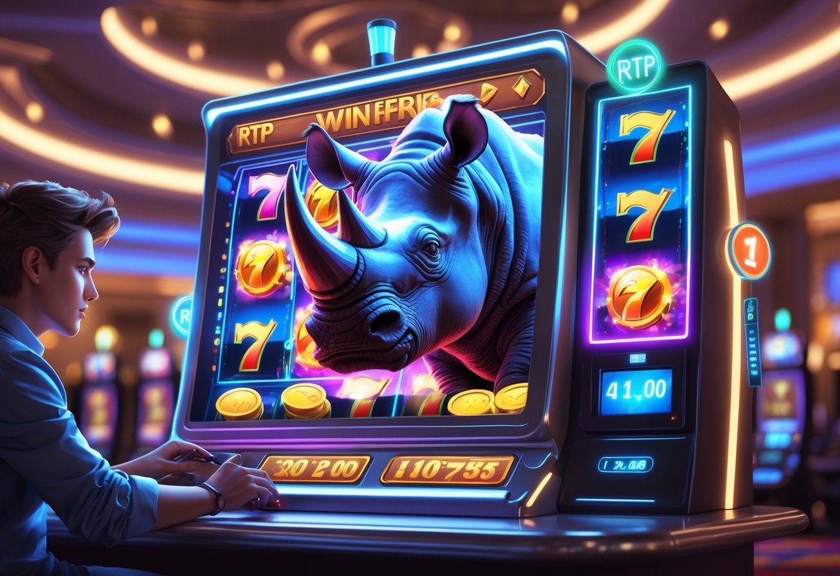 Ilustrasi mesin slot bertema badak dengan simbol keberuntungan dan elemen strategi di latar kasino futuristik.