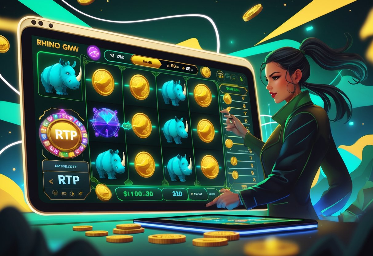 Seorang pemain sedang menganalisis permainan slot bertema badak dengan antarmuka digital dan grafik strategi di latar belakang.
