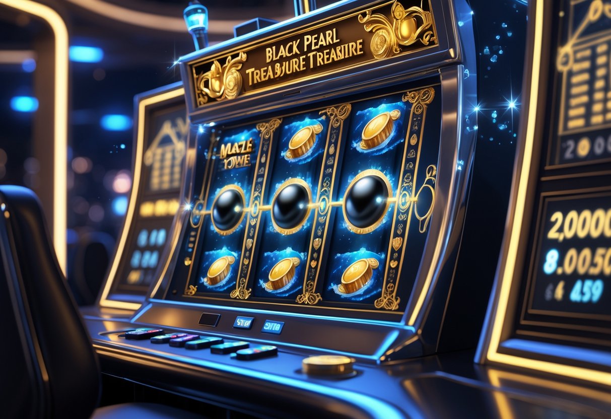 Mesin slot modern dengan simbol mutiara hitam dan koin emas di latar kasino gelap yang elegan.